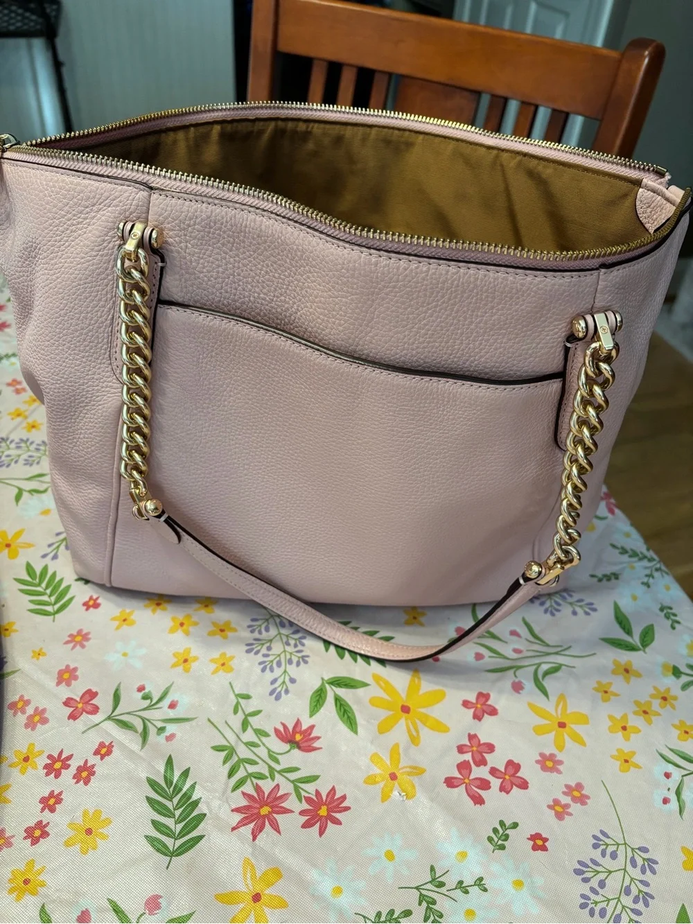 Coach Ava Chain Pebbled Leather Shoulder Tote in Pink with Gold Hardware